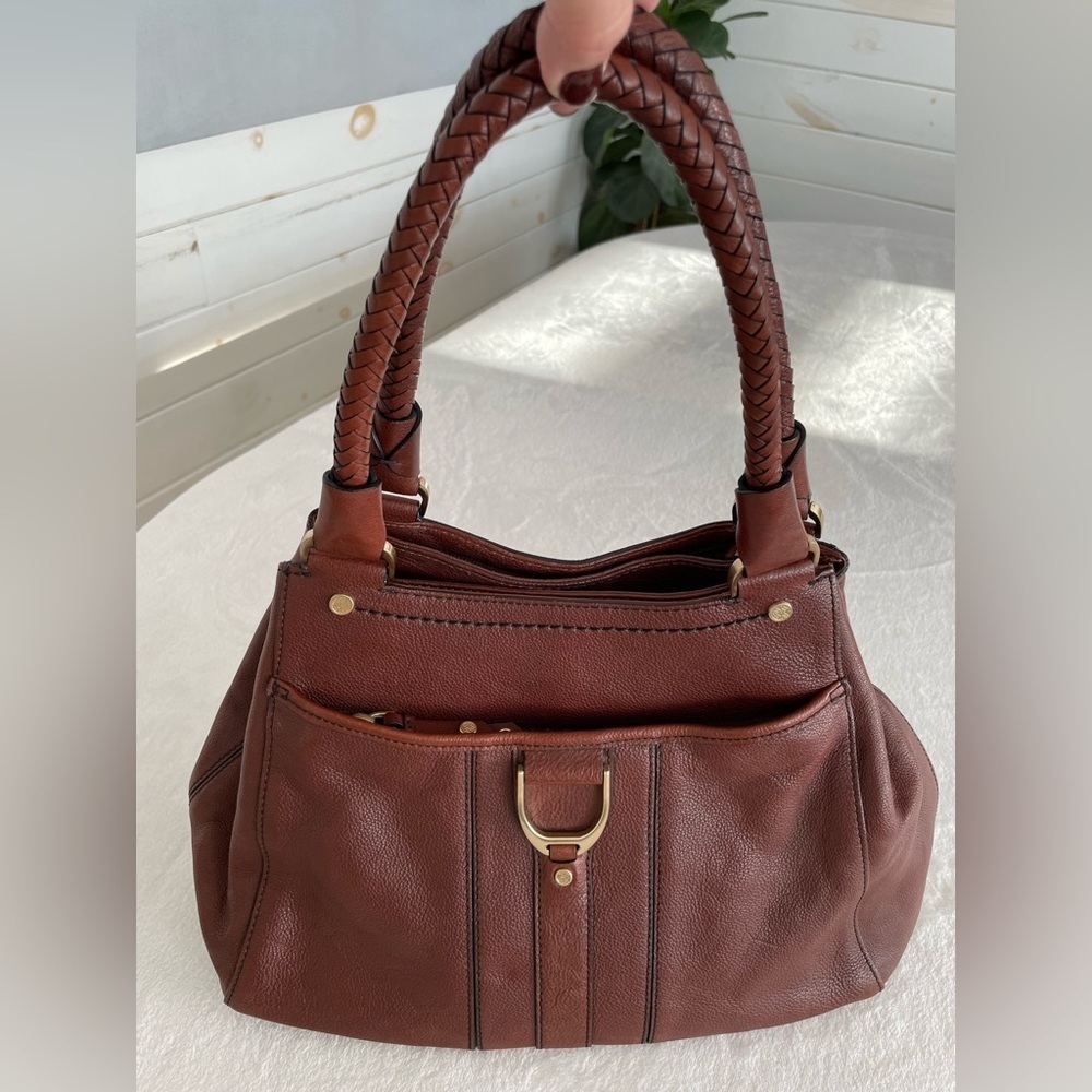 Cole Haan Handbag Purse Satchel Pebbled Brown Leather Equestrian Brass Accent - Picture 3 of 17